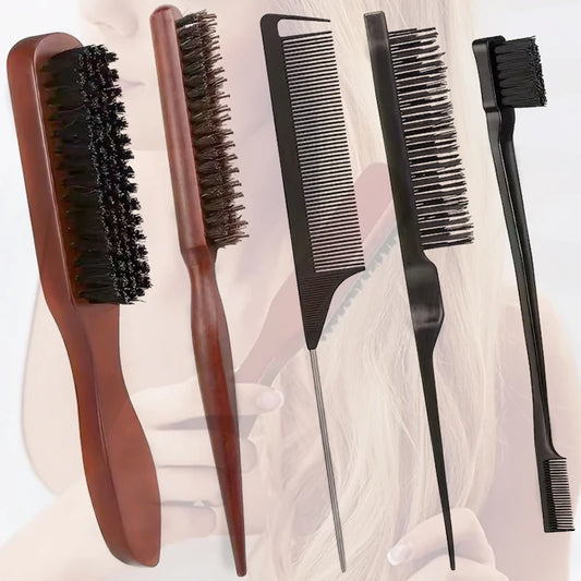 Wild Boar Bristle Hair Brush and Comb Set, Edge Control Styling Tools